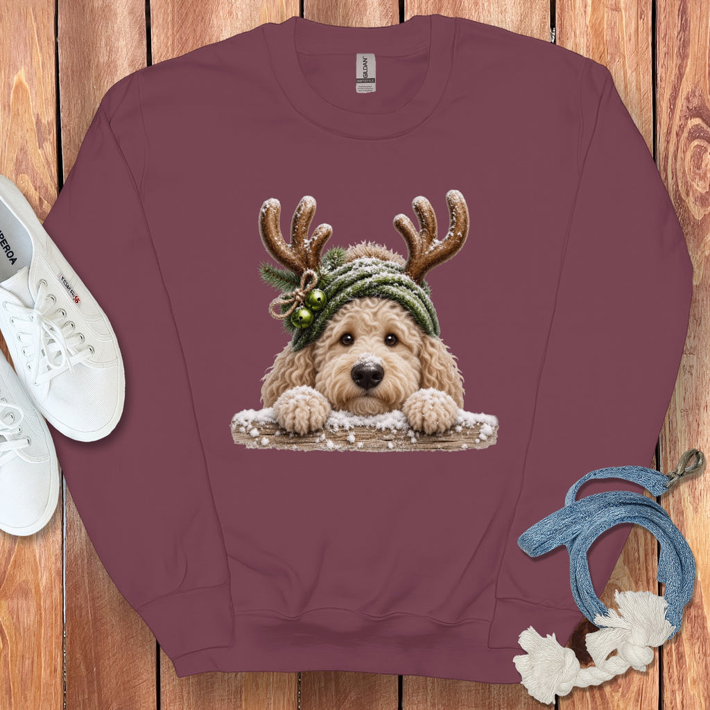 Maroon sweatshirt with a cute dog wearing antlers and a festive hat.