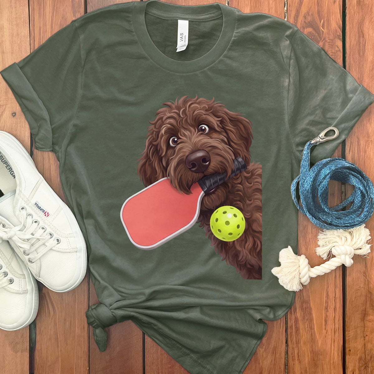 Chocolate Goldendoodle Pickleball T-Shirt in Military Green / S by Puppy Jo