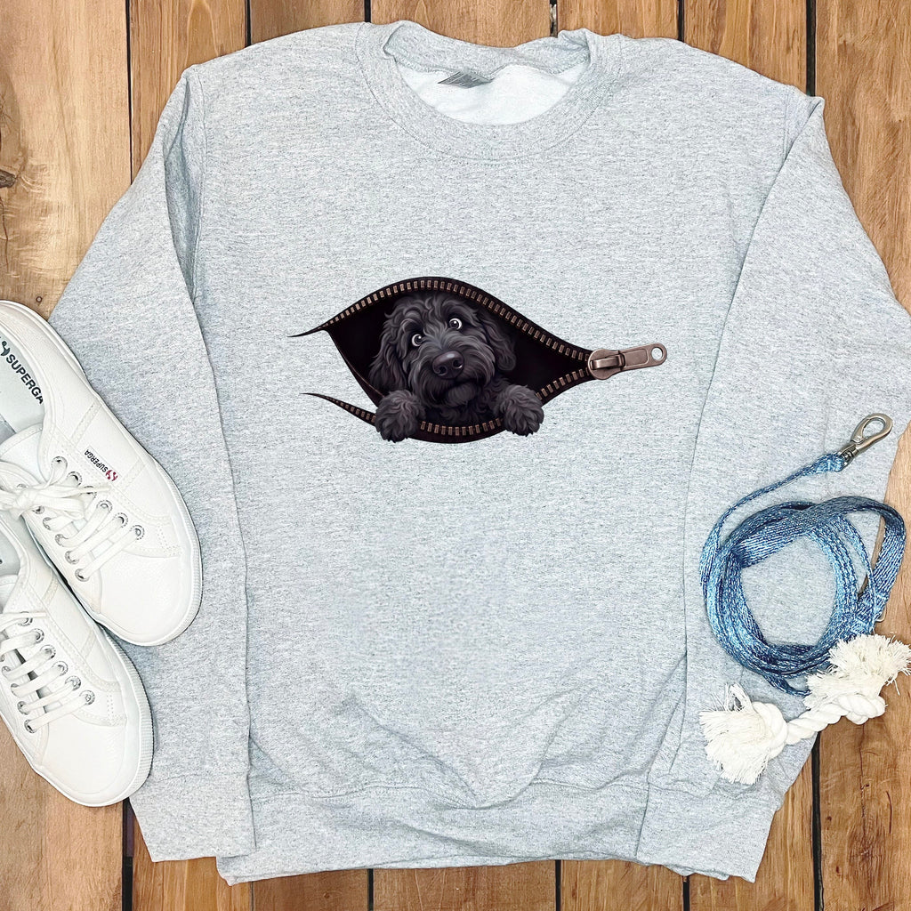 Black Goldendoodle Peeking Zipper Sweatshirt in Sport Grey / S by Puppy Jo