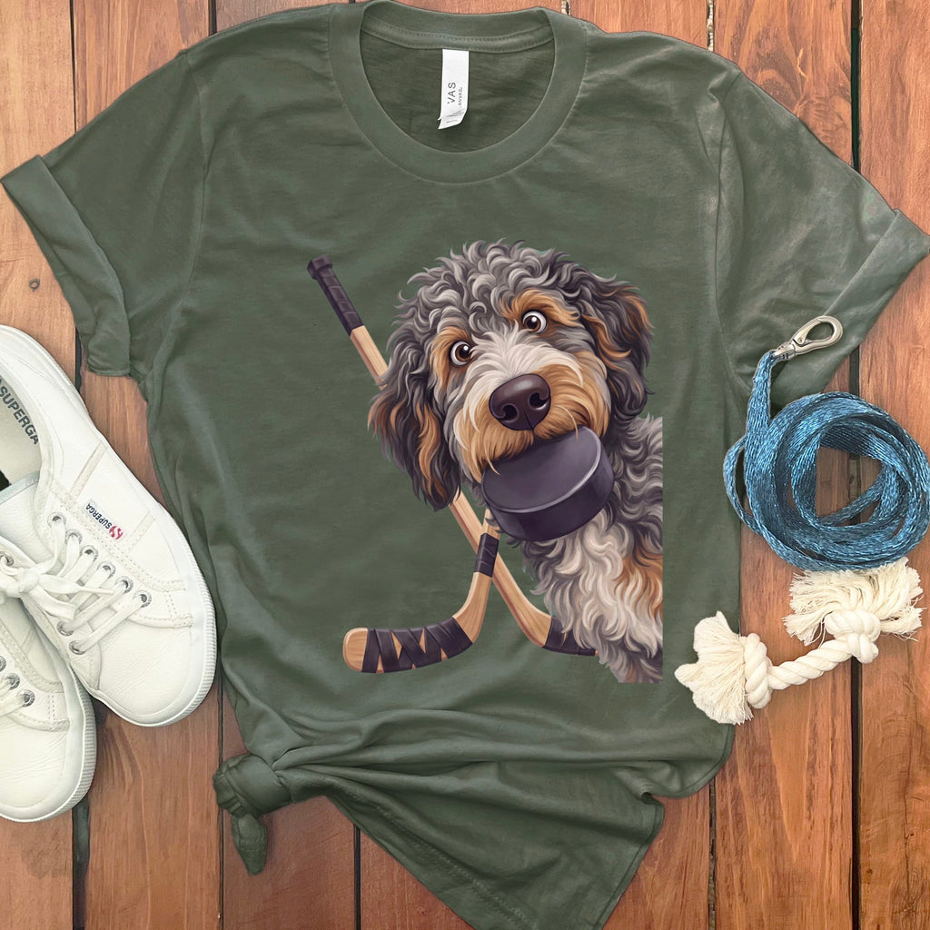 Aussiedoodle Hockey T-Shirt in Military Green / S by Puppy Jo