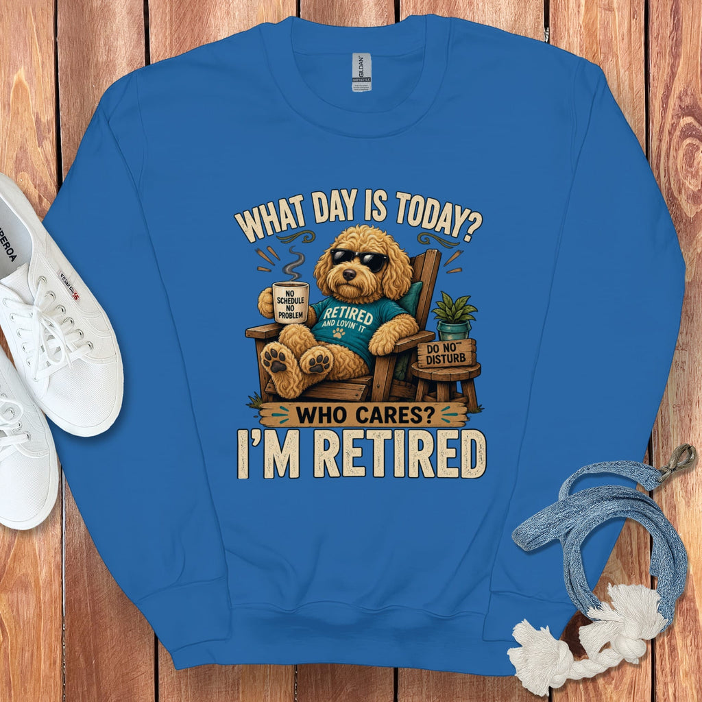 I'm Retired Golden Goldendoodle Sweatshirt in Royal / S by Puppy Jo