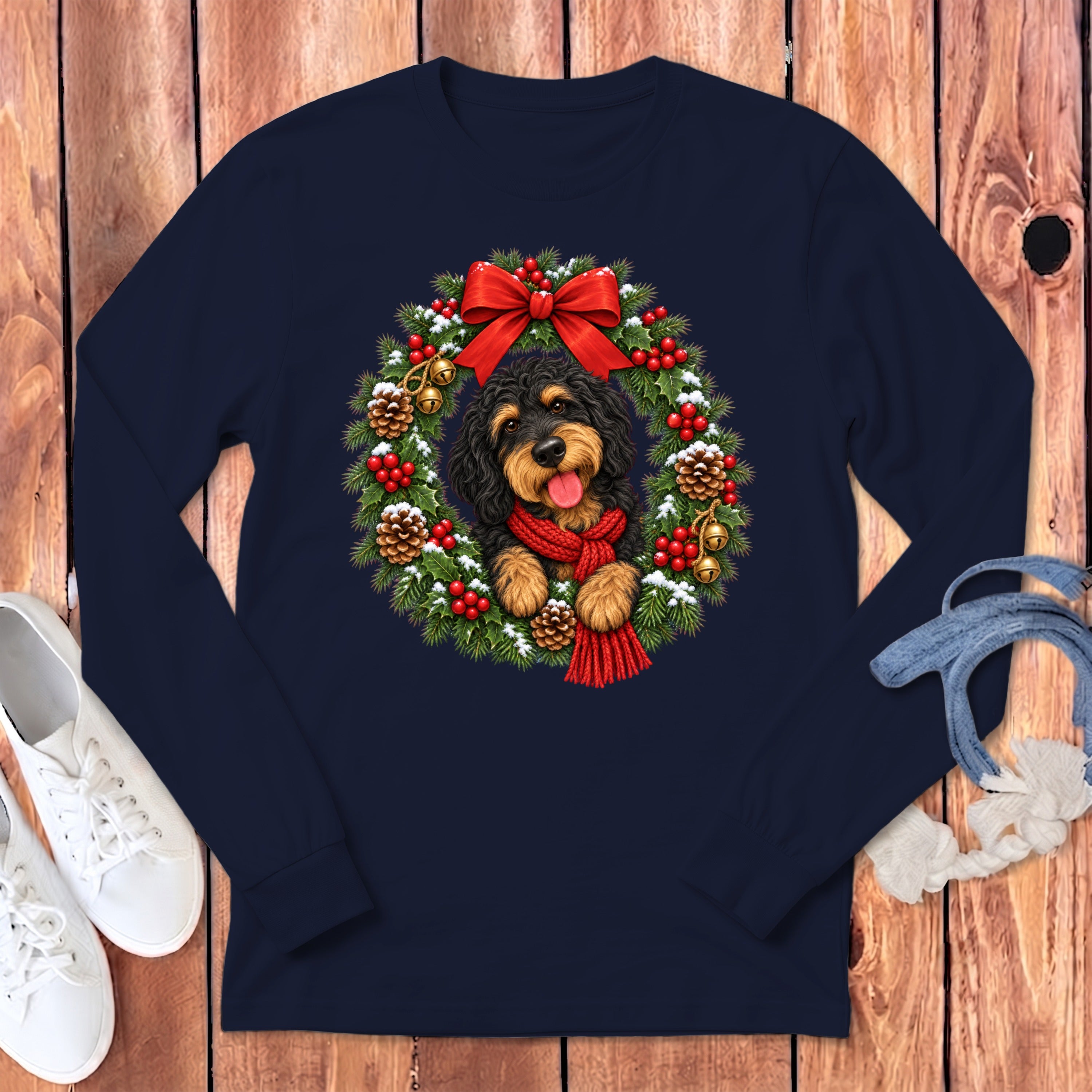 Dark blue long-sleeve t-shirt featuring a doodle dog wearing a red scarf inside a Christmas wreath.