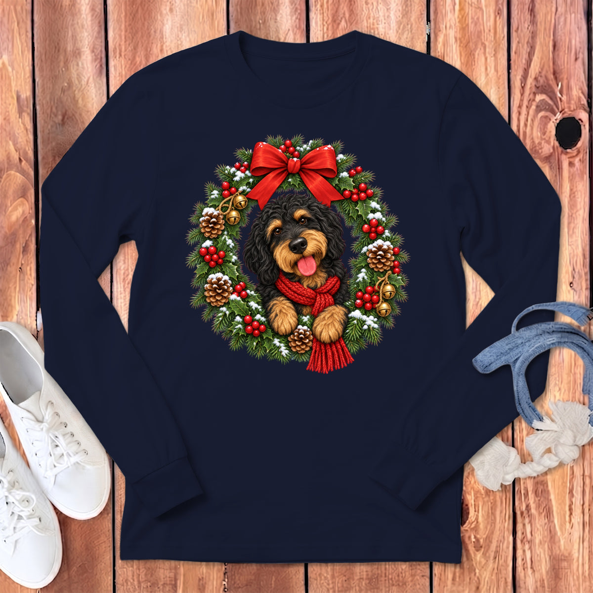 Dark blue long-sleeve t-shirt featuring a doodle dog wearing a red scarf inside a Christmas wreath.