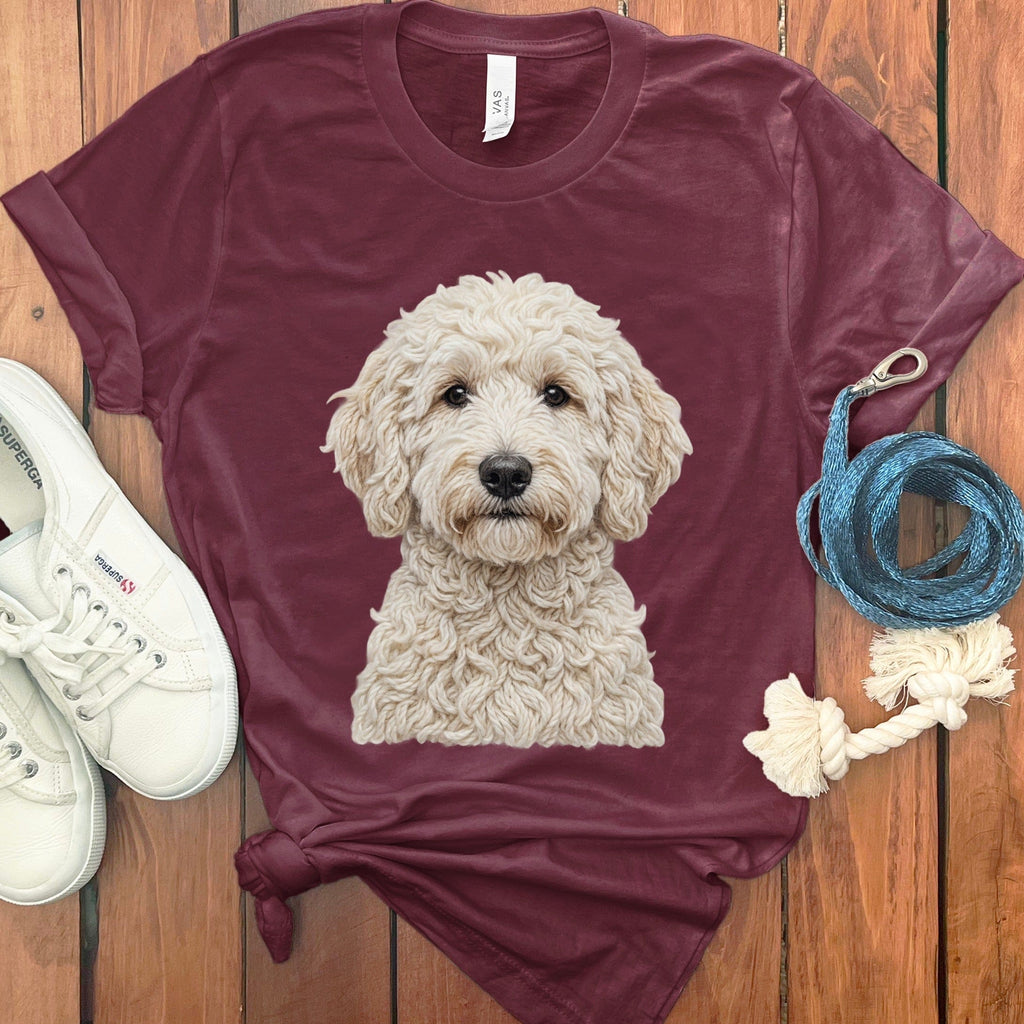 Adorable Fluffy Dog Print on Burgundy T-Shirt