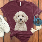 Adorable Fluffy Dog Print on Burgundy T-Shirt