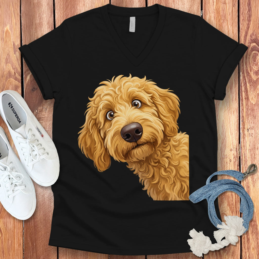 Funny Peeking Golden Goldendoodle V-Neck T-Shirt in Black / S by Puppy Jo