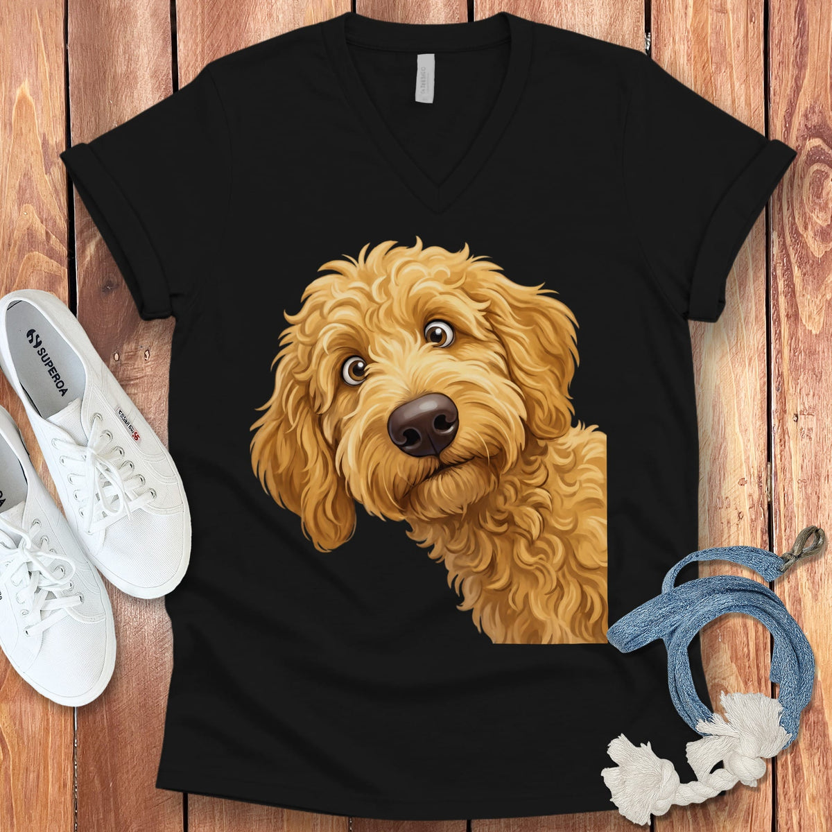 Funny Peeking Golden Goldendoodle V-Neck T-Shirt in Black / S by Puppy Jo