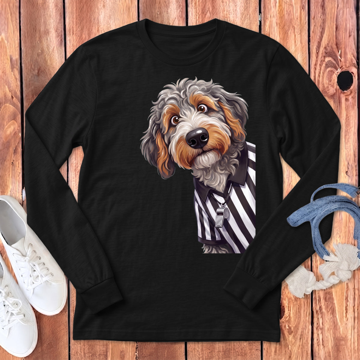 Long sleeve black shirt with a doodle dog graphic wearing a referee shirt and whistle.