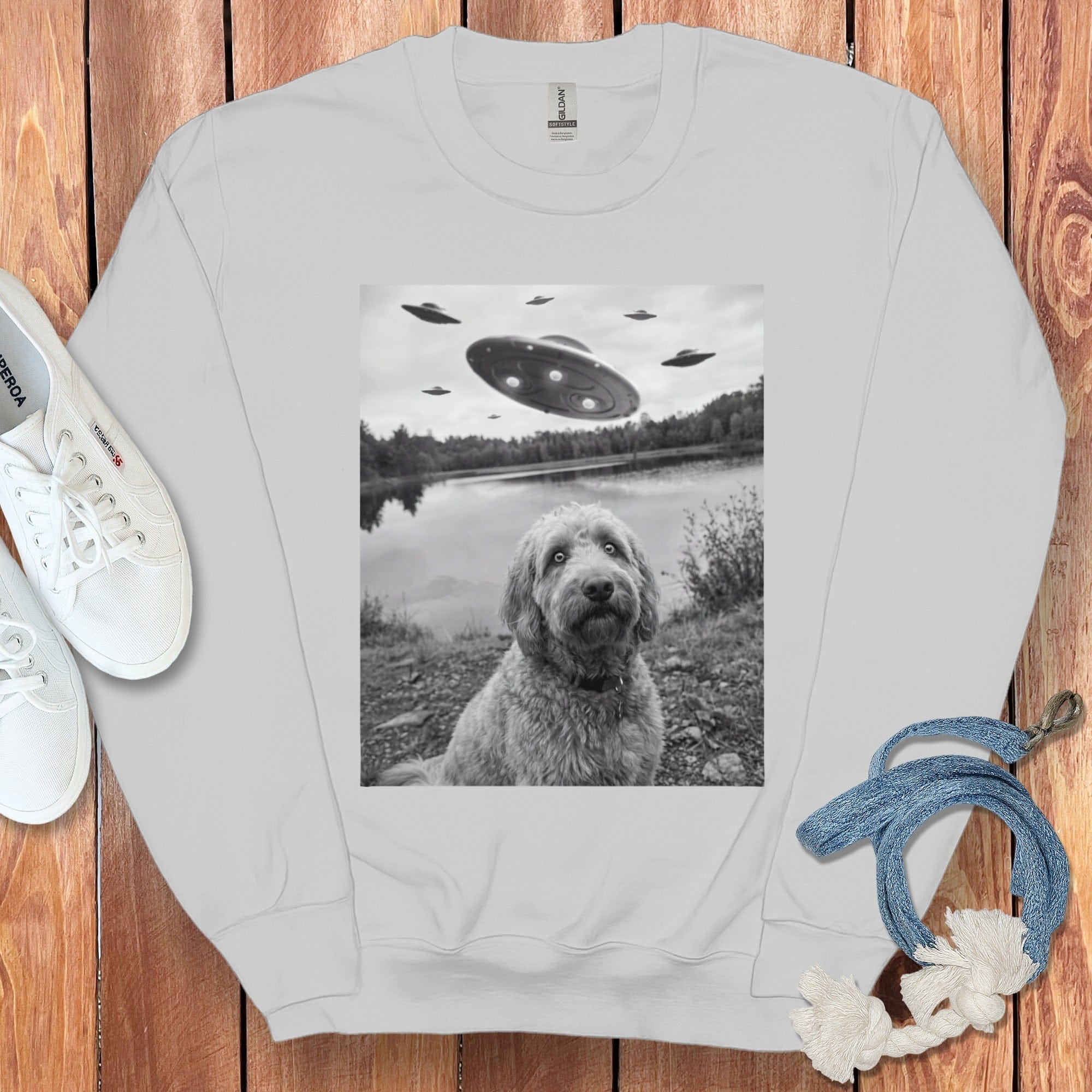 UFOs Flying Over Dog Near Lake Sweatshirt
