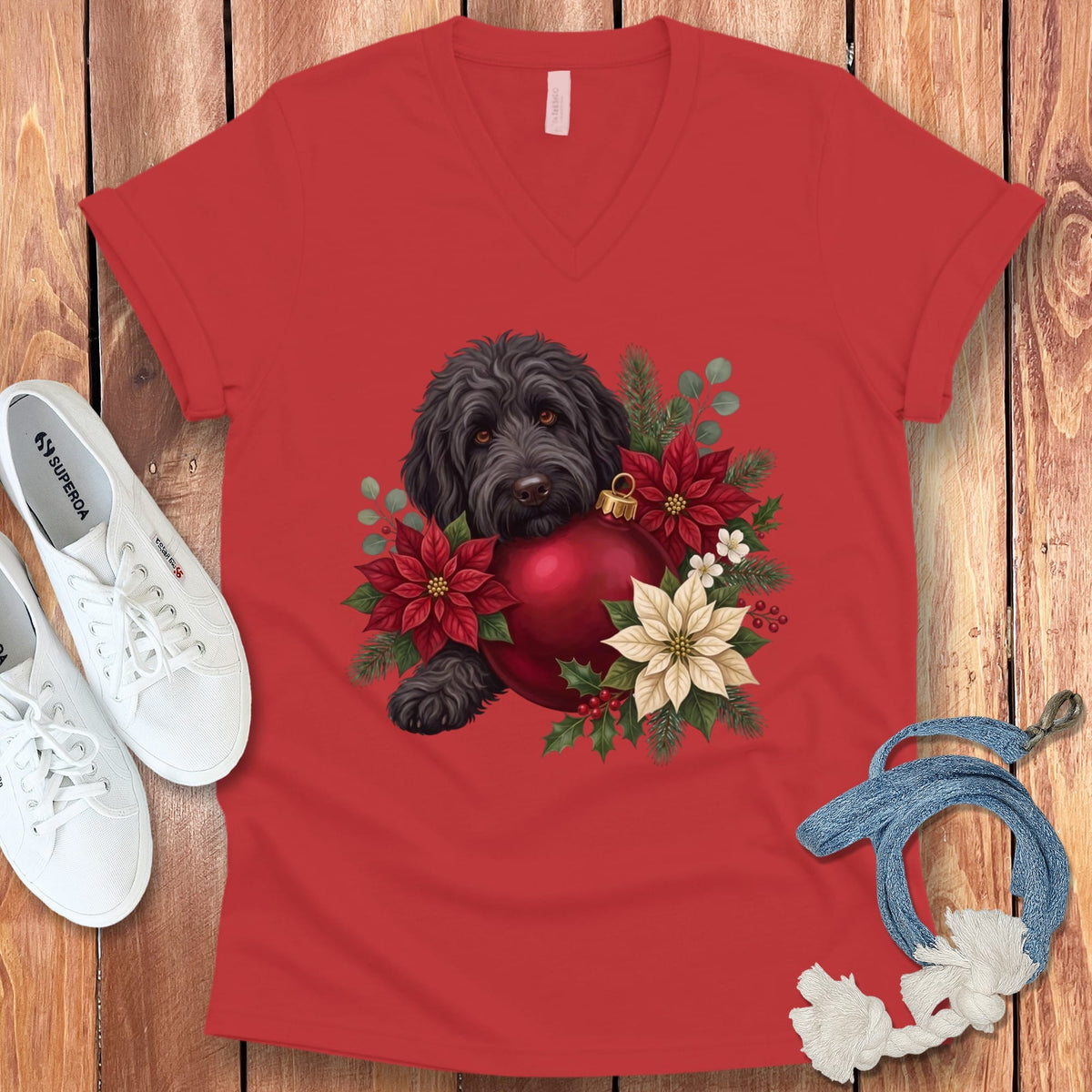 Black Goldendoodle Holiday Cheer V-Neck T-Shirt in Red / S by Puppy Jo