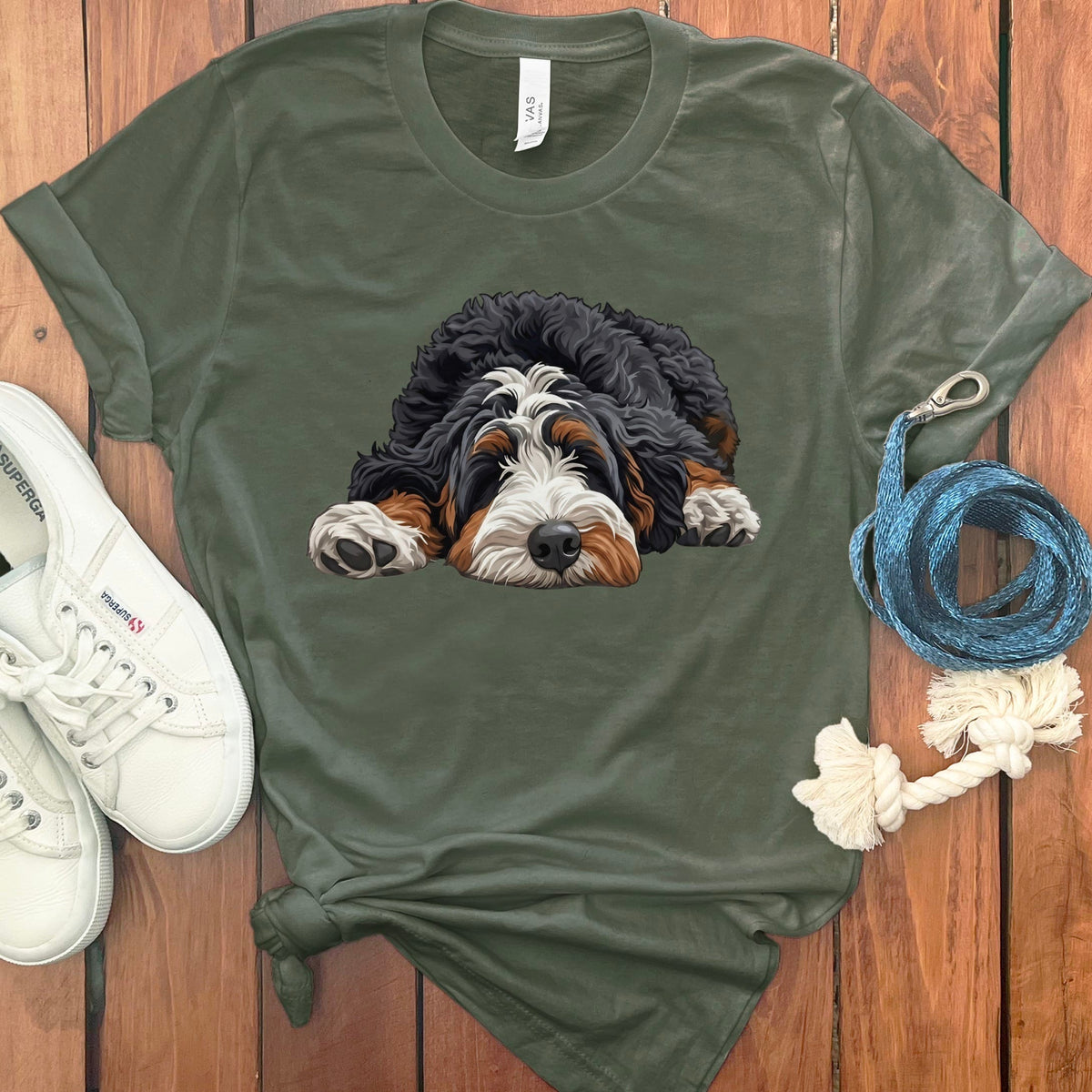 Bernedoodle Snoozing T-Shirt in Military Green / S by Puppy Jo