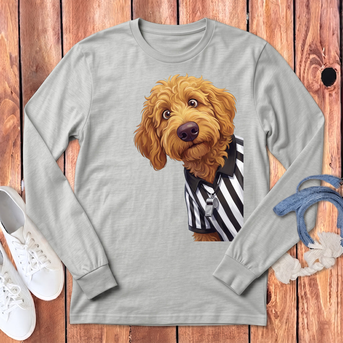 Light grey long-sleeve shirt with a cartoon dog wearing a referee shirt and whistle.