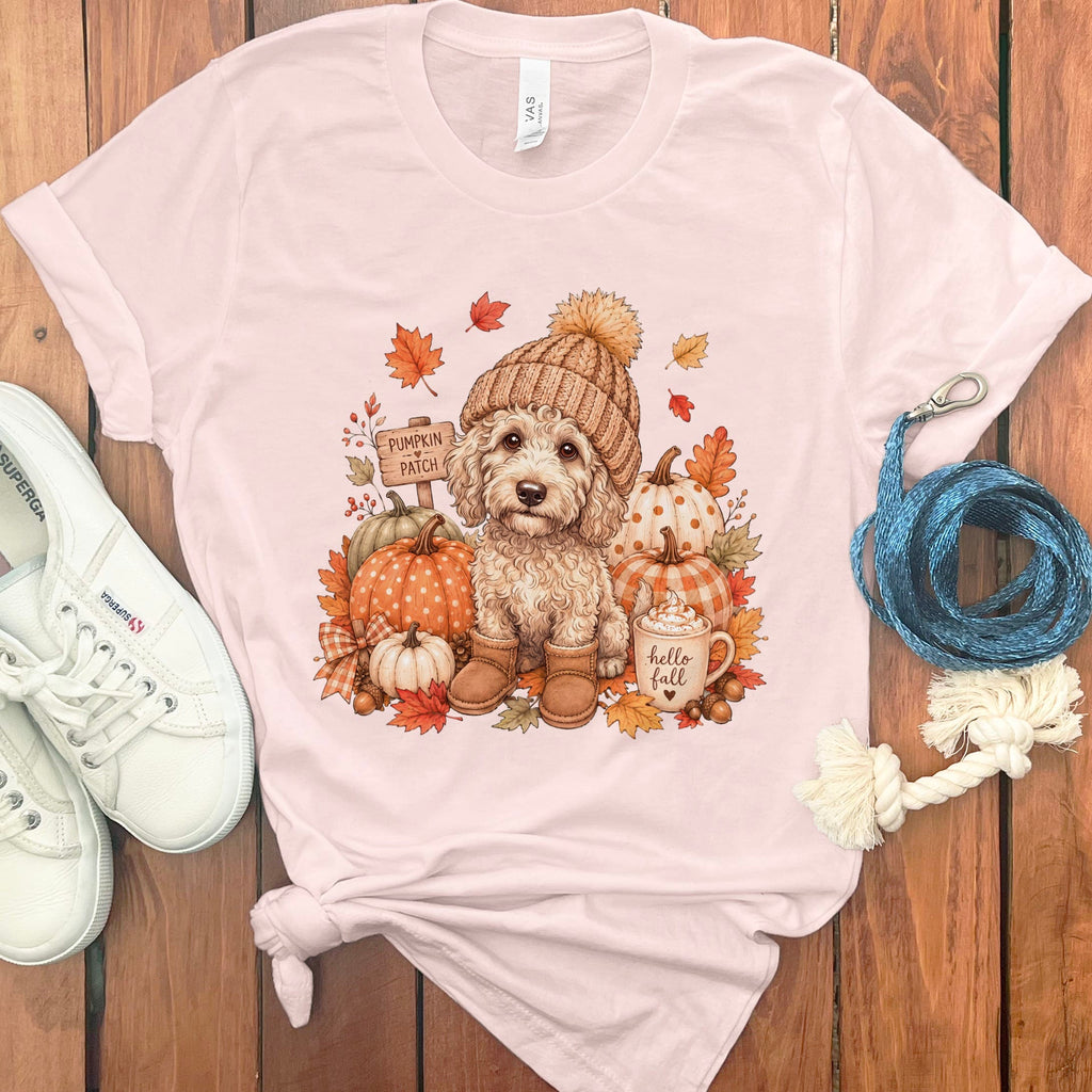 Cream Goldendoodle Pumpkin Patch T-Shirt in Soft Pink / S by Puppy Jo