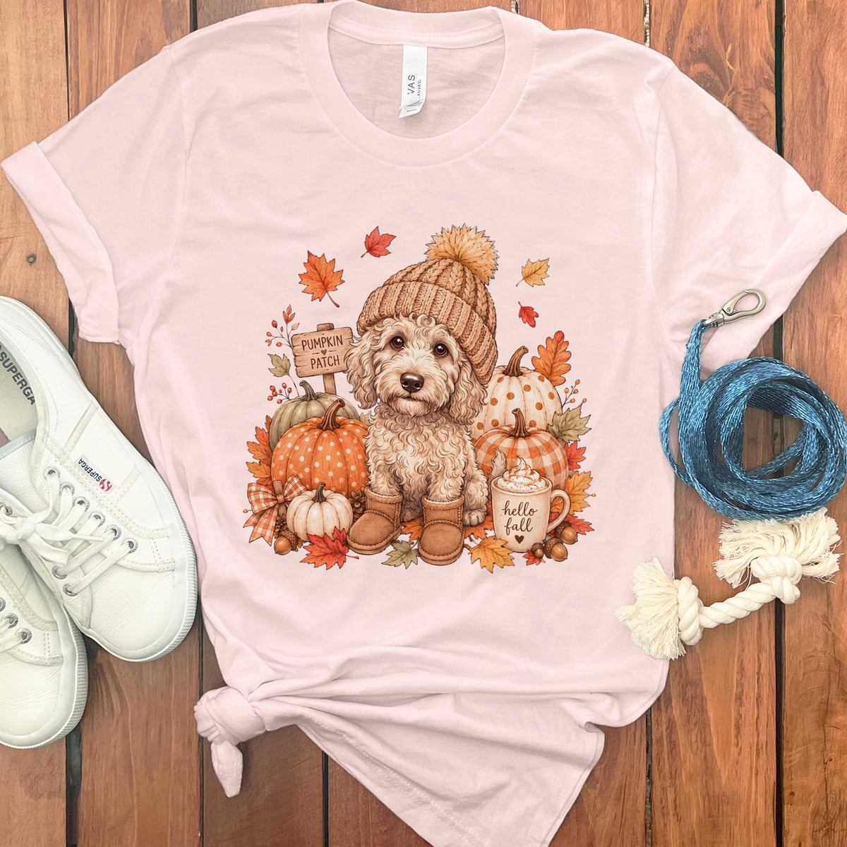 Cream Goldendoodle Pumpkin Patch T-Shirt in Soft Pink / S by Puppy Jo