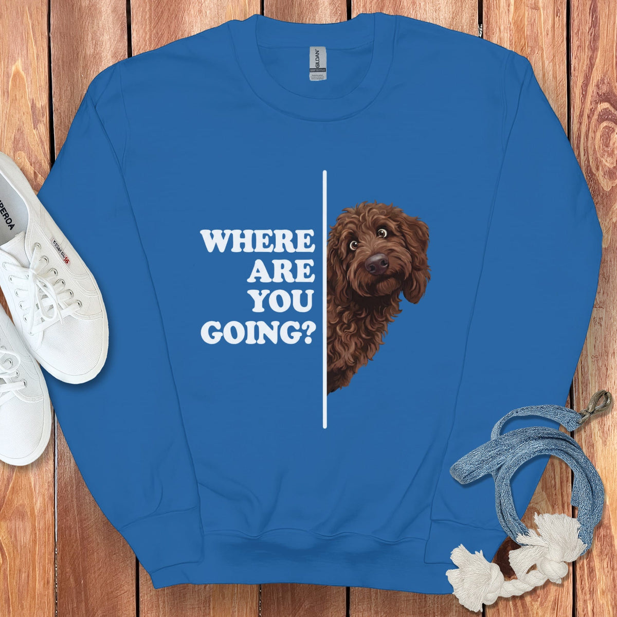 Where Going Chocolate Goldendoodle Sweatshirt in Royal / S by Puppy Jo