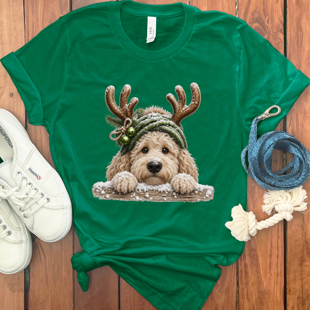 Green t-shirt with a Christmas-themed doodle dog graphic and white sneakers.