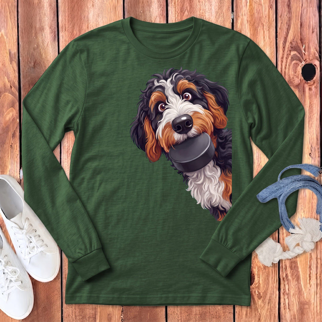 Bernedoodle Hockey Puck Long Sleeve T-Shirt in Heather Forest / S by Puppy Jo