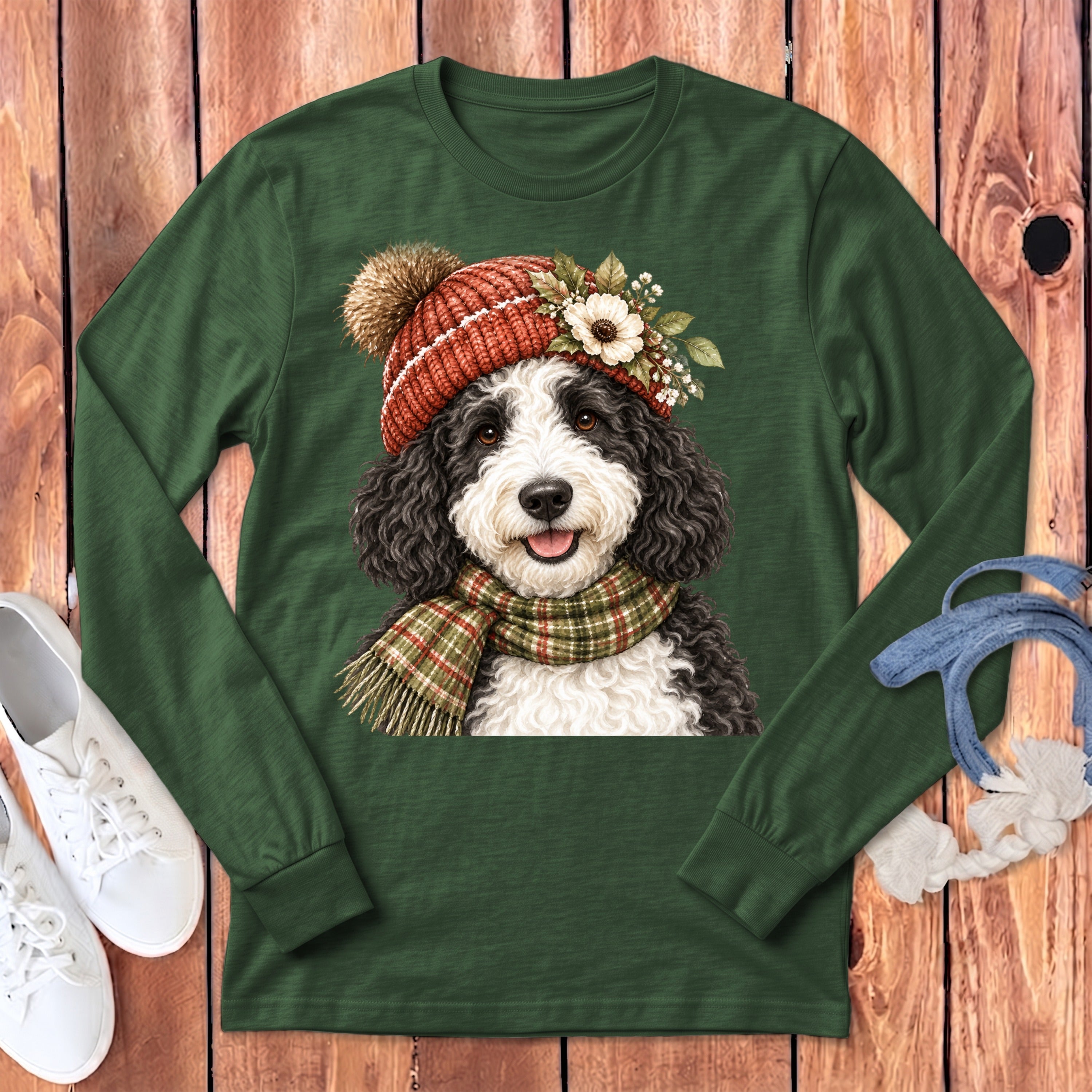 Green long-sleeve shirt with a black and white dog wearing a knit hat and scarf.