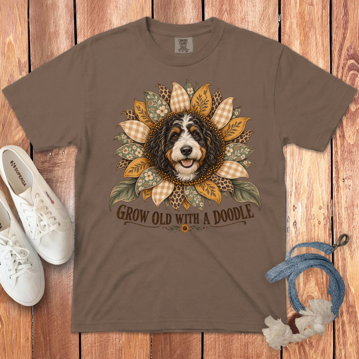 Brown t-shirt featuring a bernedoodle inside a floral sunflower design, with the text Grow Old With A Doodle.