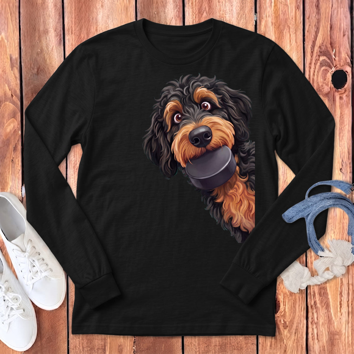 Phantom Goldendoodle Hockey Puck Long Sleeve T-Shirt in Dark Grey Heather / S by Puppy Jo