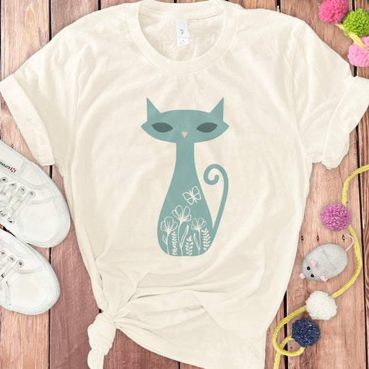 Cat with Floral Design Printed Tee product