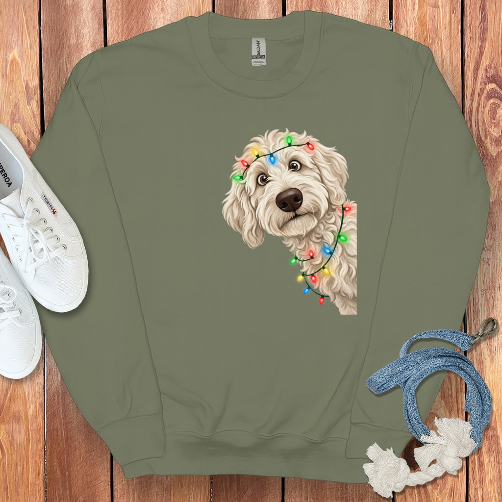 Green sweatshirt with a white doodle dog wearing colorful Christmas lights.