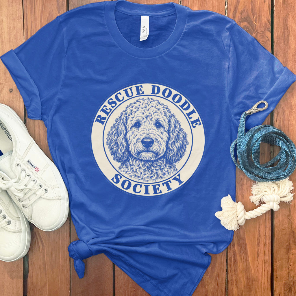 Blue t-shirt with "Rescue Doodle Society" text and doodle dog graphic.