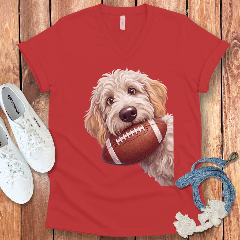 Maltipoo Football V-Neck T-Shirt in Red / S by Puppy Jo