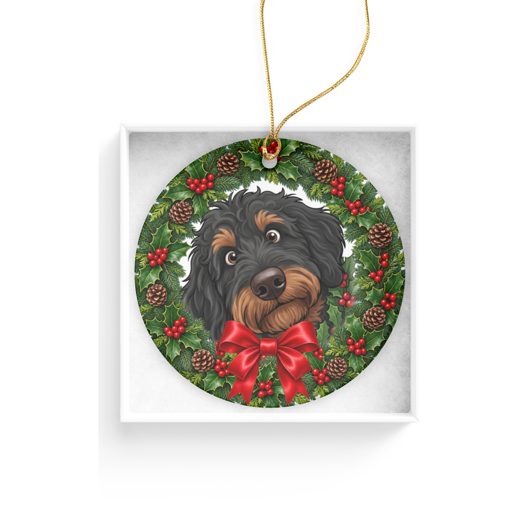 Peeking Holly Phantom Goldendoodle Ornament