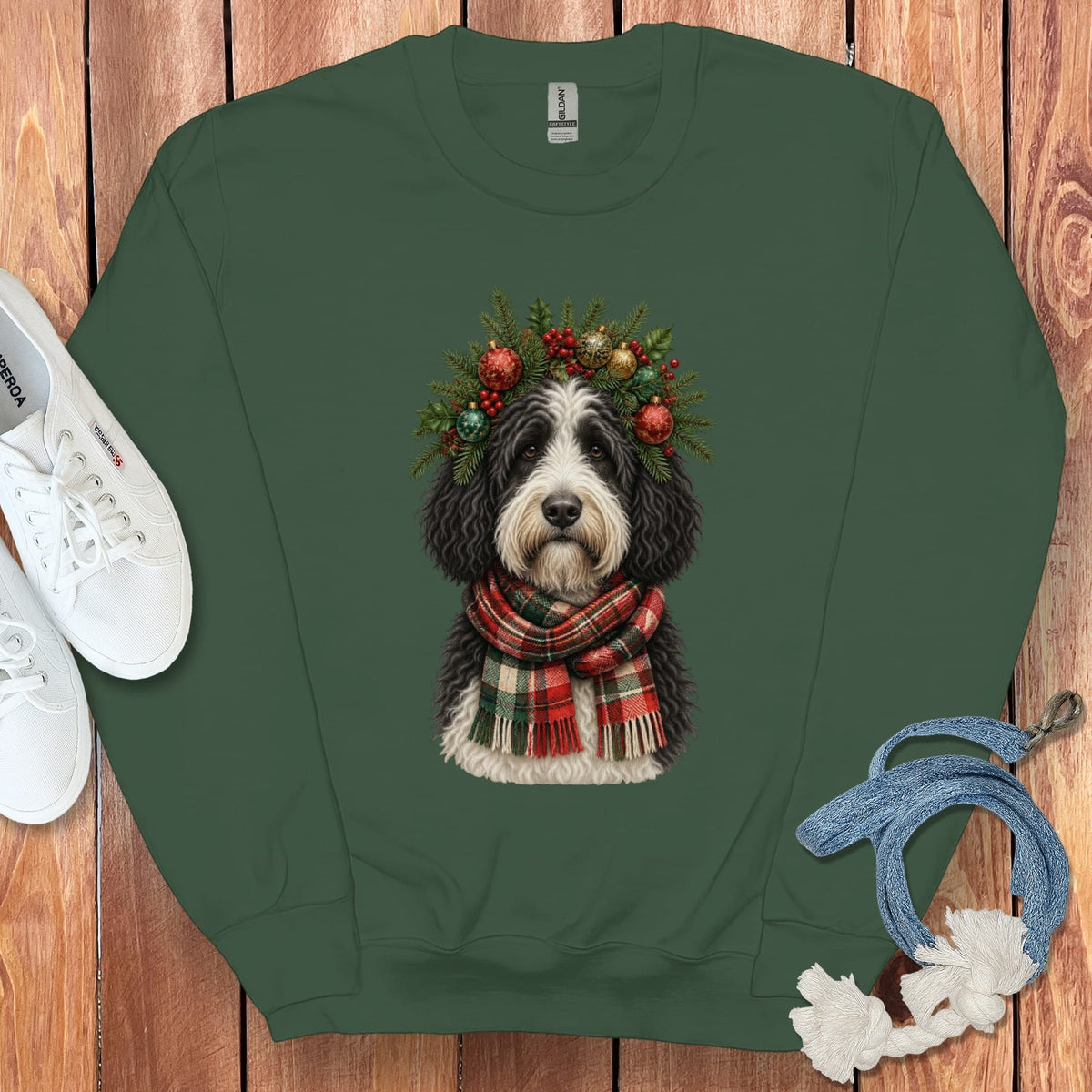 Sheepadoodle Holiday Crown Sweatshirt in Forest Green / S by Puppy Jo