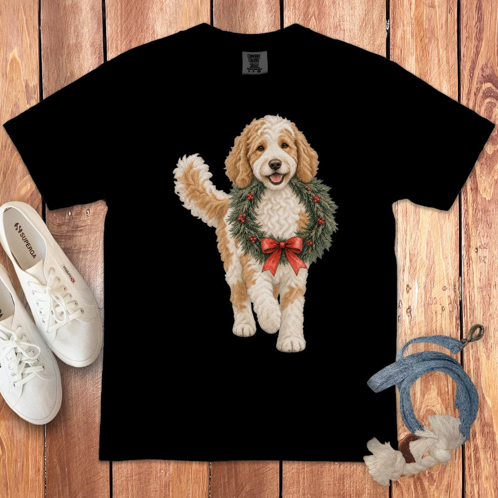Parti Goldendoodle Wreath Signature T-Shirt in Black / S by Puppy Jo