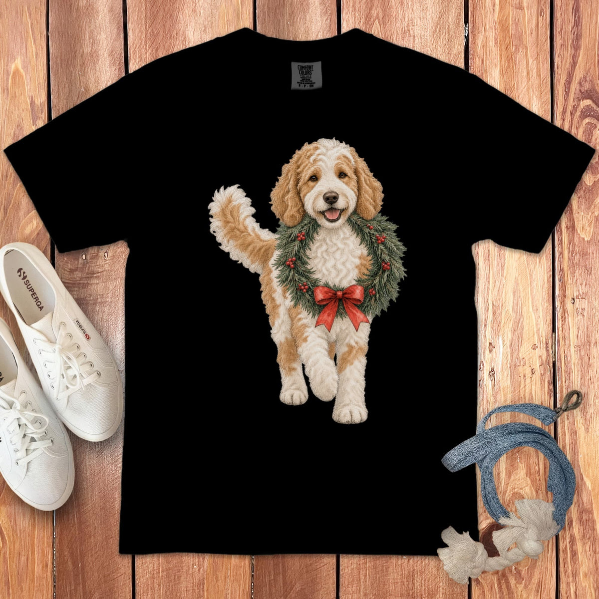 Parti Goldendoodle Wreath Signature T-Shirt in Black / S by Puppy Jo