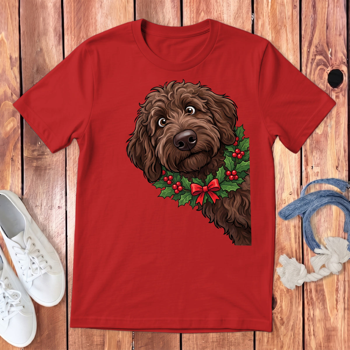 Brown doodle dog wearing a holly wreath with red bow on red t-shirt.