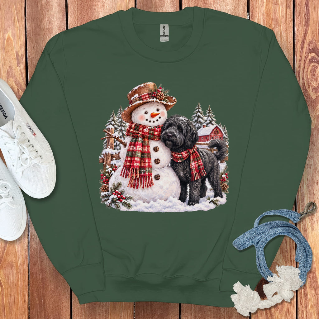 Black Goldendoodle Christmas Snowman Sweatshirt in Forest Green / S by Puppy Jo