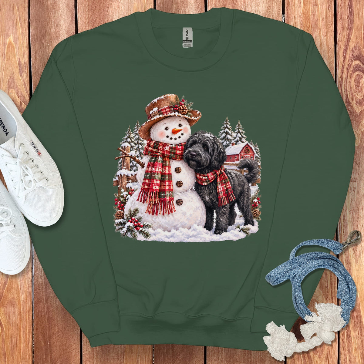Black Goldendoodle Christmas Snowman Sweatshirt in Forest Green / S by Puppy Jo