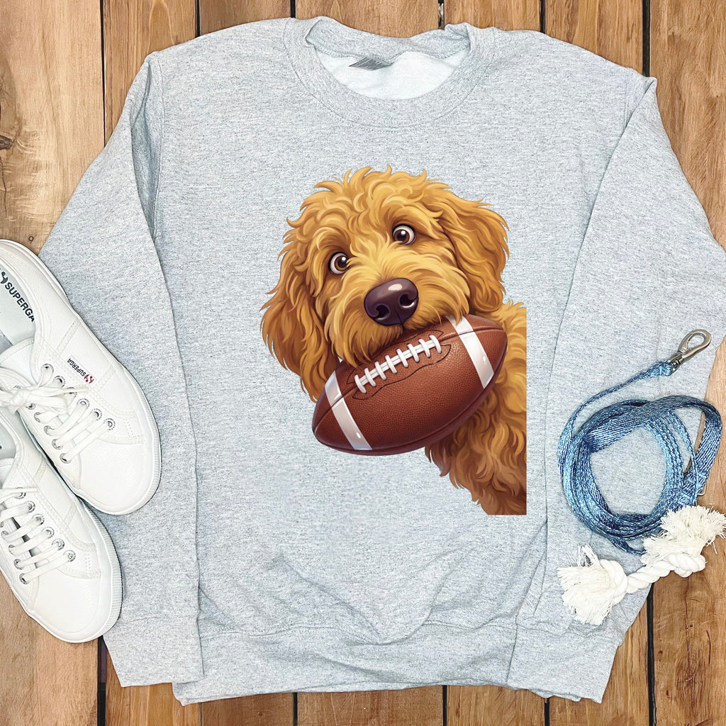 Light grey sweatshirt with a cartoon goldendoodle holding a football.