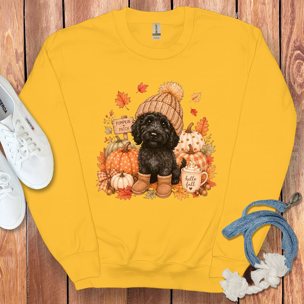 Black Goldendoodle Pumpkin Patch Sweatshirt in Gold / S by Puppy Jo