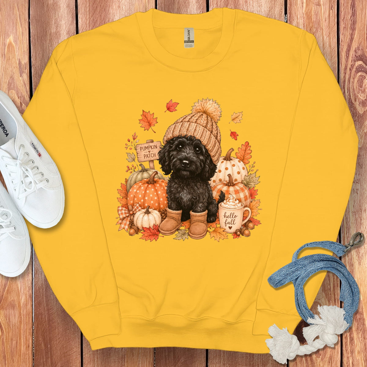 Black Goldendoodle Pumpkin Patch Sweatshirt in Gold / S by Puppy Jo