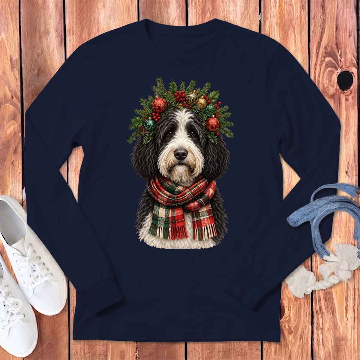 Sheepadoodle Holiday Crown Long Sleeve T-Shirt in Navy / S by MyDesigns