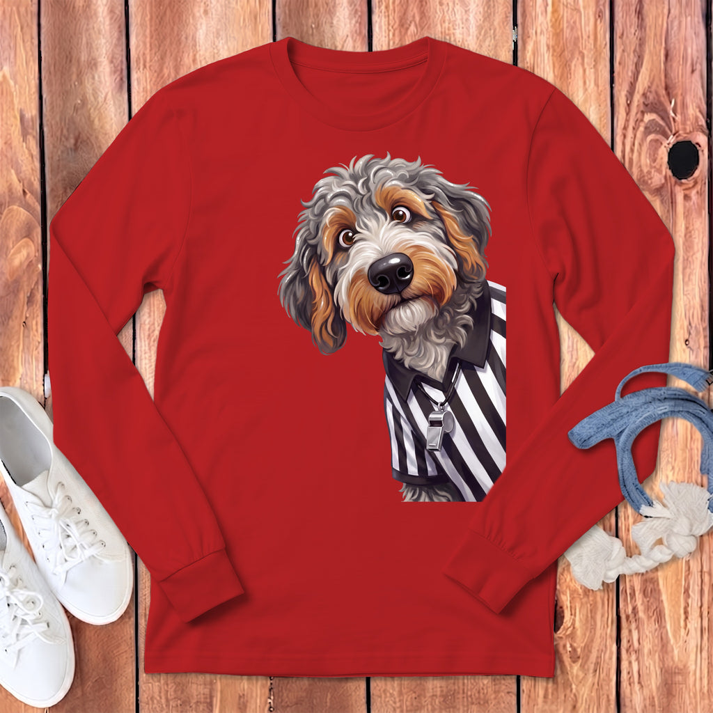 Red long-sleeve shirt with a cartoon dog referee wearing a striped shirt and whistle.