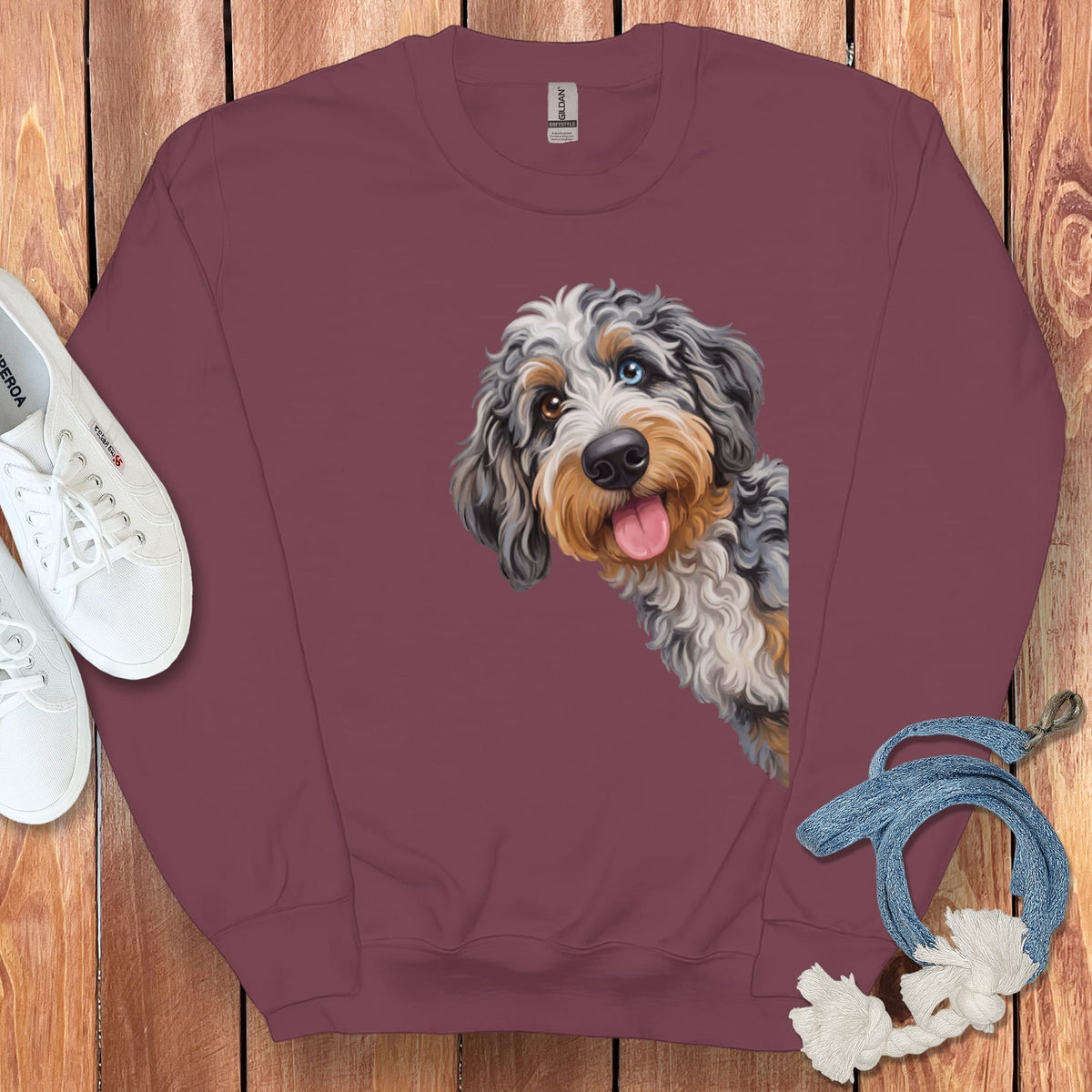 Tongue Out Aussiedoodle Sweatshirt in Maroon / S by Puppy Jo