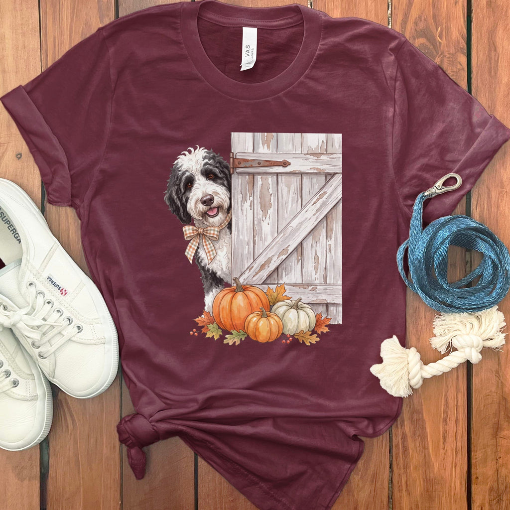 Sheepadoodle Barn Peeking T-Shirt in Maroon / S by Puppy Jo