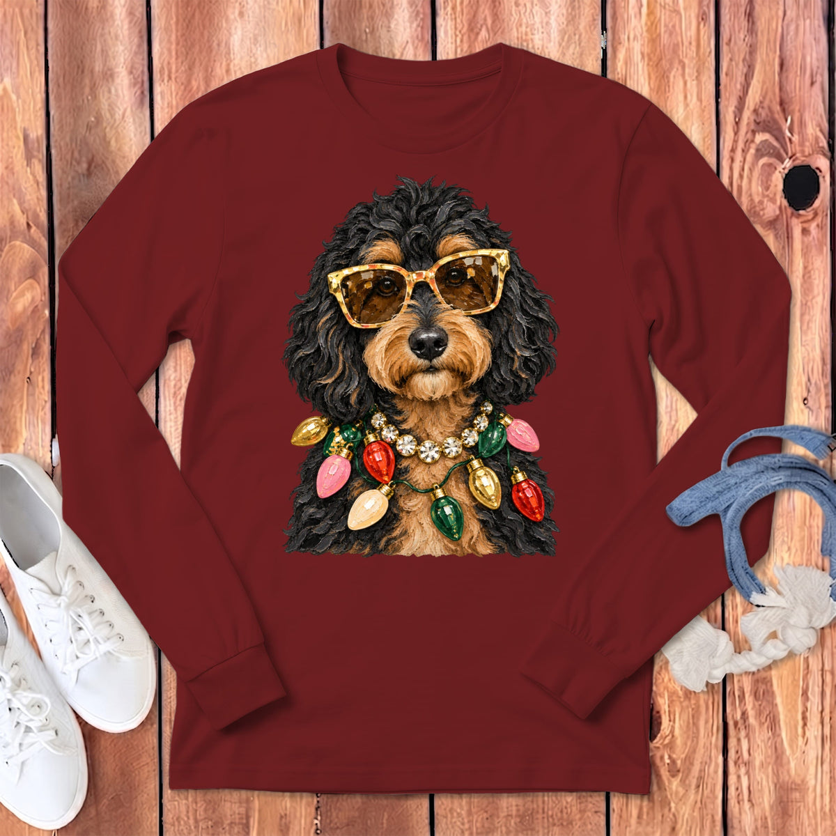 Phantom Goldendoodle Christmas Glam Long Sleeve T-Shirt in Cardinal / S by Puppy Jo
