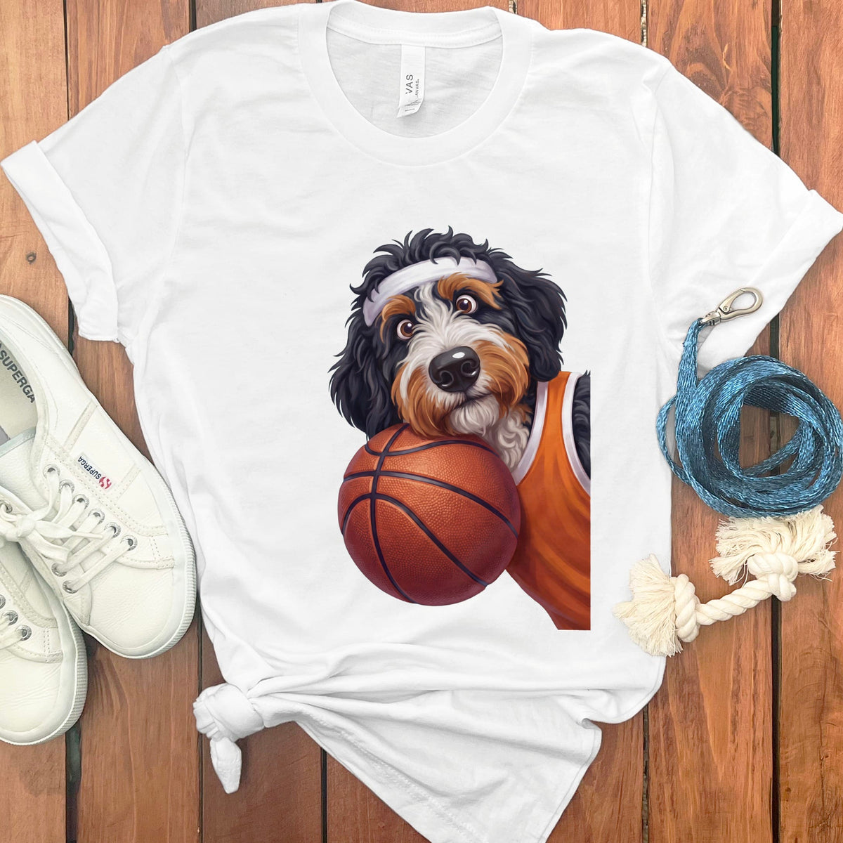 Bernedoodle Basketball Player T-Shirt in White / S by Puppy Jo