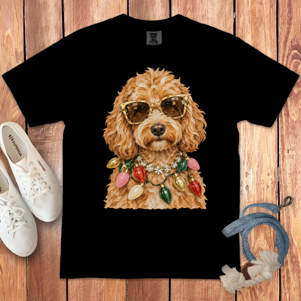 Black t-shirt with a fluffy dog wearing sunglasses and Christmas lights.