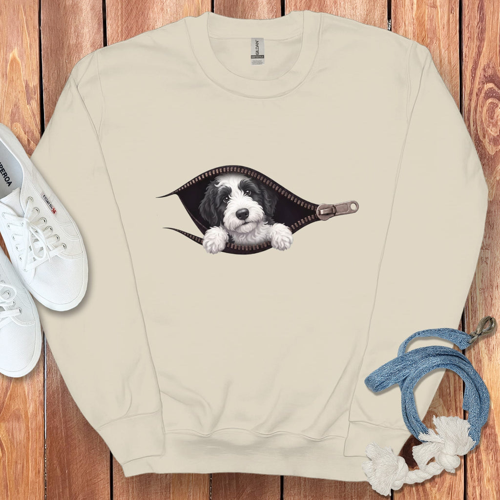 Sheepadoodle Peeking Zipper Sweatshirt in Sand / S by Puppy Jo