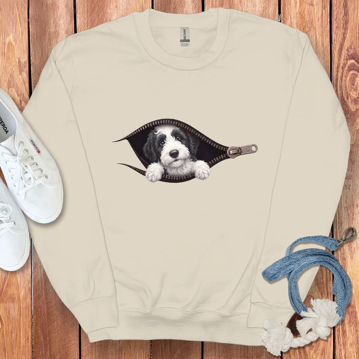Sheepadoodle Peeking Zipper Sweatshirt in Sand / S by Puppy Jo