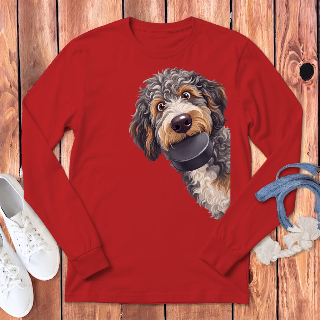 Aussiedoodle Hockey Puck Long Sleeve T-Shirt in Red / S by Puppy Jo