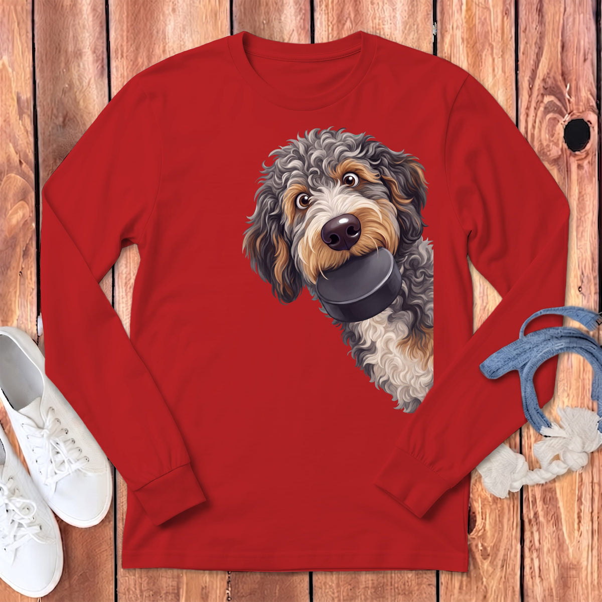 Aussiedoodle Hockey Puck Long Sleeve T-Shirt in Red / S by Puppy Jo