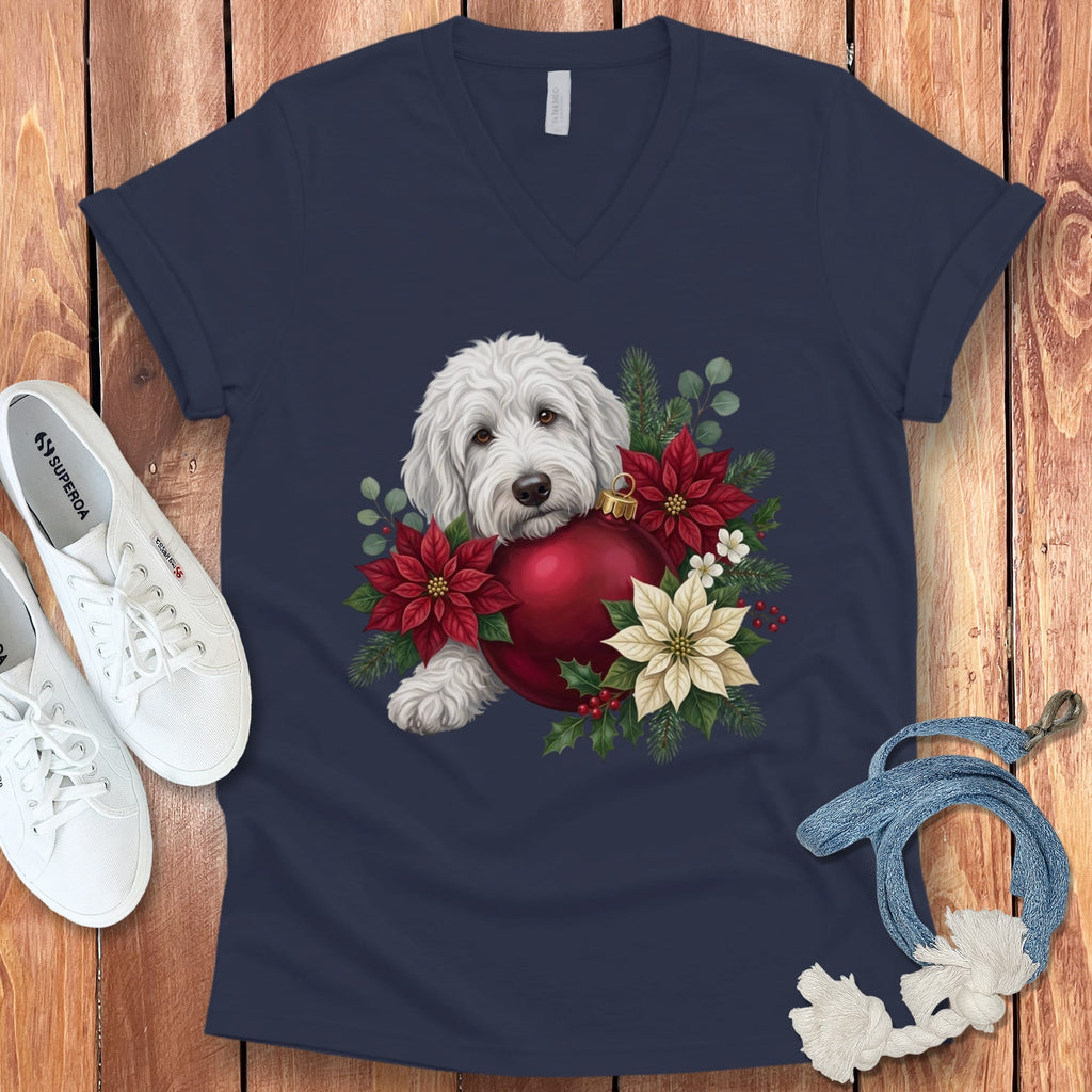 Maltipoo Holiday Cheer V-Neck T-Shirt in Navy / S by Puppy Jo